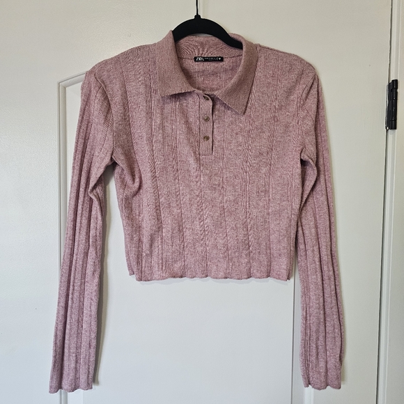 Zara Womens Soft Feel Polo Top Sweater Long Sleeve M Baby Dusty Rose Cropped sch - Picture 1 of 8